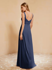 Square Neckline Ruffle Backless Chiffon A-line Dress Dark Navy