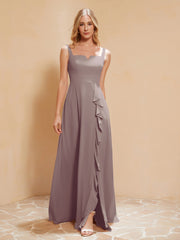 Square Neckline Ruffle Backless Chiffon A-line Dress Dusk