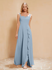 Square Neckline Ruffle Backless Chiffon A-line Dress Dusty Blue