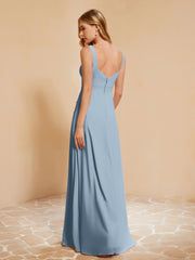 Square Neckline Ruffle Backless Chiffon A-line Dress Dusty Blue