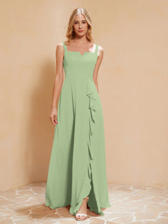 Square Neckline Ruffle Backless Chiffon A-line Dress Dusty Sage