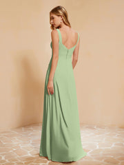 Square Neckline Ruffle Backless Chiffon A-line Dress Dusty Sage