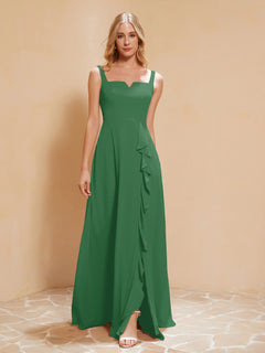 Square Neckline Ruffle Backless Chiffon A-line Dress Emerald