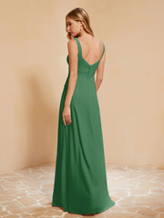 Square Neckline Ruffle Backless Chiffon A-line Dress Emerald