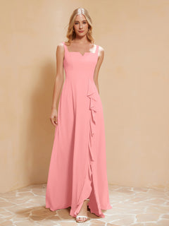 Square Neckline Ruffle Backless Chiffon A-line Dress Flamingo