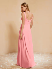 Square Neckline Ruffle Backless Chiffon A-line Dress Flamingo