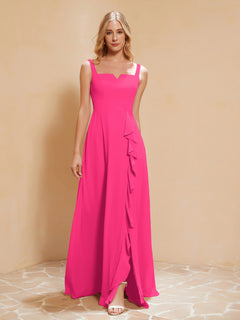 Square Neckline Ruffle Backless Chiffon A-line Dress Fuchsia