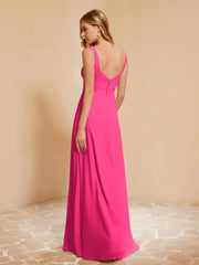 Square Neckline Ruffle Backless Chiffon A-line Dress Fuchsia