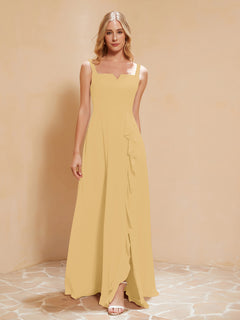 Square Neckline Ruffle Backless Chiffon A-line Dress Gold