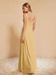Square Neckline Ruffle Backless Chiffon A-line Dress Gold