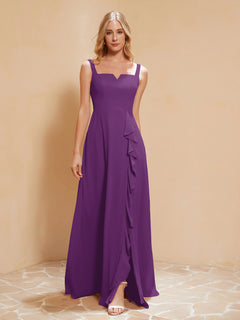 Square Neckline Ruffle Backless Chiffon A-line Dress Grape