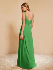 Square Neckline Ruffle Backless Chiffon A-line Dress Green