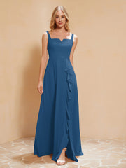Square Neckline Ruffle Backless Chiffon A-line Dress Ink Blue