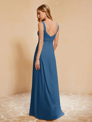 Square Neckline Ruffle Backless Chiffon A-line Dress Ink Blue