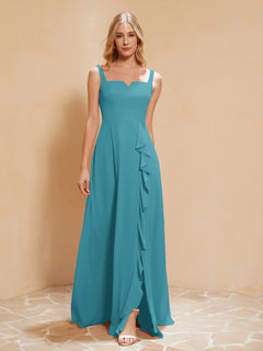 Square Neckline Ruffle Backless Chiffon A-line Dress Jade