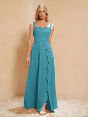 Square Neckline Ruffle Backless Chiffon A-line Dress Jade