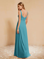 Square Neckline Ruffle Backless Chiffon A-line Dress Jade