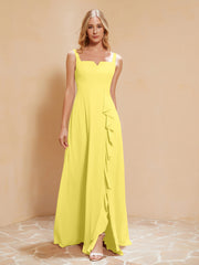 Square Neckline Ruffle Backless Chiffon A-line Dress Lemon