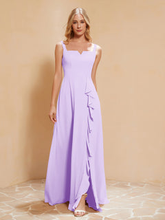 Square Neckline Ruffle Backless Chiffon A-line Dress Lilac