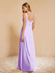 Square Neckline Ruffle Backless Chiffon A-line Dress Lilac