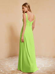 Square Neckline Ruffle Backless Chiffon A-line Dress Lime Green
