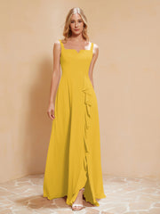 Square Neckline Ruffle Backless Chiffon A-line Dress Marigold