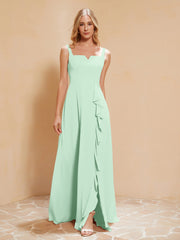Square Neckline Ruffle Backless Chiffon A-line Dress Mint Green