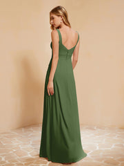 Square Neckline Ruffle Backless Chiffon A-line Dress Moss