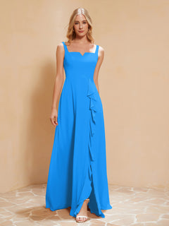 Square Neckline Ruffle Backless Chiffon A-line Dress Ocean Blue