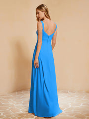 Square Neckline Ruffle Backless Chiffon A-line Dress Ocean Blue