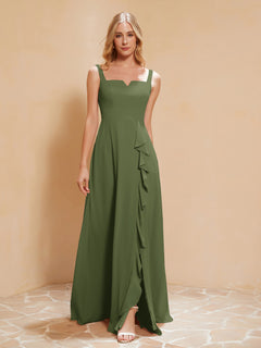 Square Neckline Ruffle Backless Chiffon A-line Dress Olive Green