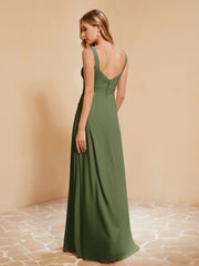Square Neckline Ruffle Backless Chiffon A-line Dress Olive Green