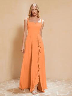 Square Neckline Ruffle Backless Chiffon A-line Dress Orange