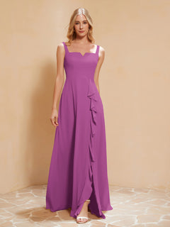 Square Neckline Ruffle Backless Chiffon A-line Dress Orchid