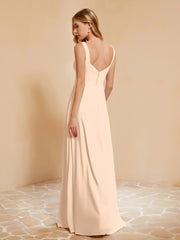 Square Neckline Ruffle Backless Chiffon A-line Dress Peach