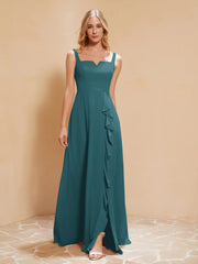 Square Neckline Ruffle Backless Chiffon A-line Dress Peacock