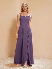 Square Neckline Ruffle Backless Chiffon A-line Dress Plum