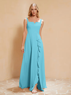 Square Neckline Ruffle Backless Chiffon A-line Dress Pool