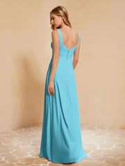 Square Neckline Ruffle Backless Chiffon A-line Dress Pool