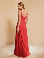 Square Neckline Ruffle Backless Chiffon A-line Dress Red