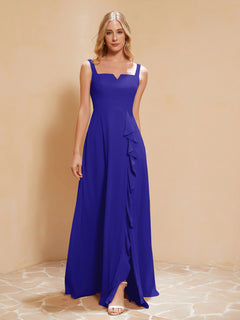 Square Neckline Ruffle Backless Chiffon A-line Dress Royal Blue