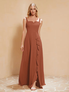 Square Neckline Ruffle Backless Chiffon A-line Dress Rust