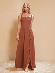 Square Neckline Ruffle Backless Chiffon A-line Dress Rust