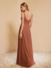 Square Neckline Ruffle Backless Chiffon A-line Dress Rust