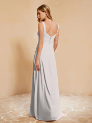 Square Neckline Ruffle Backless Chiffon A-line Dress Silver