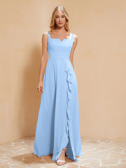 Square Neckline Ruffle Backless Chiffon A-line Dress Sky Blue