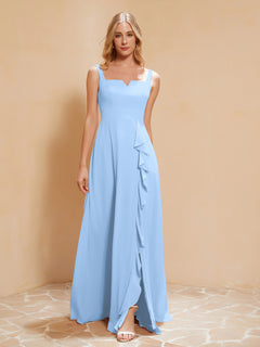 Square Neckline Ruffle Backless Chiffon A-line Dress Sky Blue Plus Size