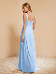 Square Neckline Ruffle Backless Chiffon A-line Dress Sky Blue