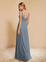 Square Neckline Ruffle Backless Chiffon A-line Dress Slate Blue