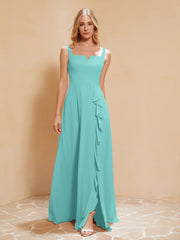Square Neckline Ruffle Backless Chiffon A-line Dress Spa